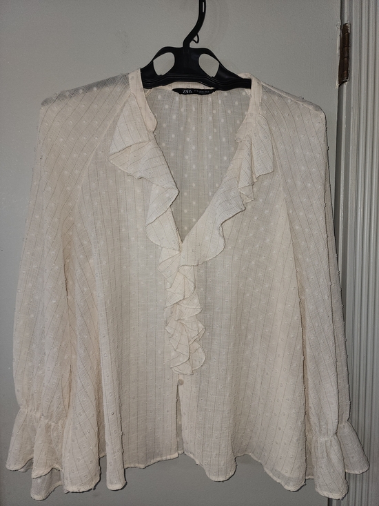 Zara Tops - Zara Ivory Ruffle Front Sheer Blouse